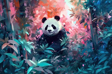panda nestled among a vibrant watercolor bamboo forest. soft, pastel colors for the bamboo stalks and leaves