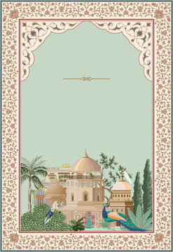Decorative Mughal ethnic motif, fantasy flowers, bird, peacock in retro, vintage vector illustration for wedding invitation border
