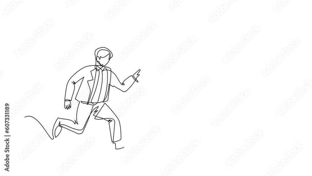 Poster animated self drawing of continuous line draw businessman run chasing try to catch idea light bulb. 
