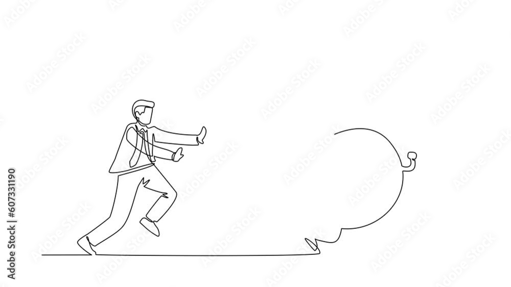 Poster self drawing animation of single one line draw stressed businessman chasing time or clock. office wo