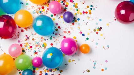 Fototapeta na wymiar Colorful balloons and confetti on white table Generative AI