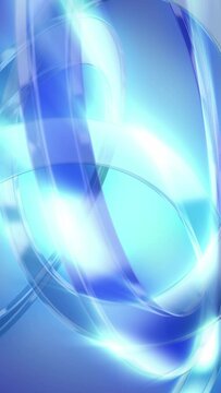 Abstract blue background loop of shining 3D glass rings with light rays. Vertical video.