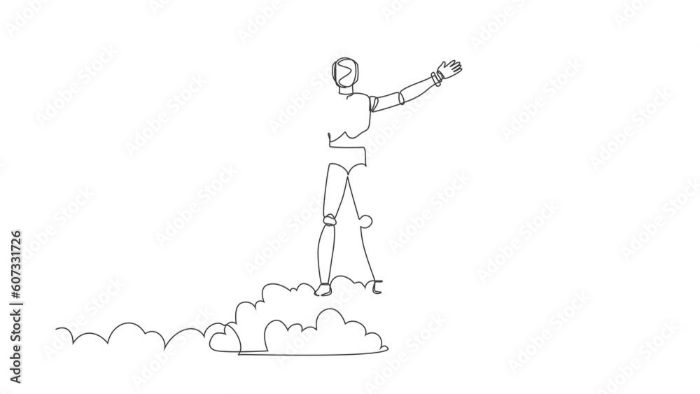 Poster animated self drawing of continuous one line draw robot on top of cloud with raised hands. humanoid 