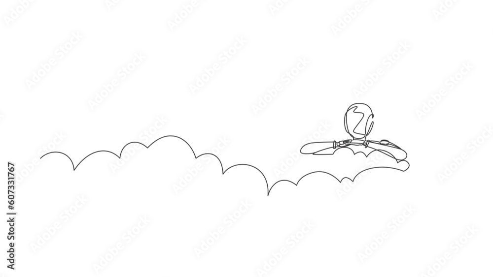 Poster self drawing animation of single line draw robot hang in clouds. hoping for success. future technolo