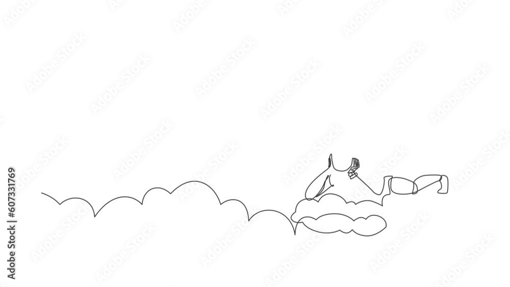 Poster animated self drawing of continuous line draw robot lay on the clouds, dreaming or thinking somethin