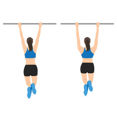 Fototapeta na wymiar Woman doing scapula pull or scap pulls or pull up exercise. Flat vector illustration isolated on white background