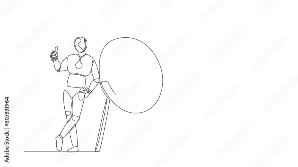 Poster animated self drawing of continuous one line draw robot standing leaning at target with thumbs up. h