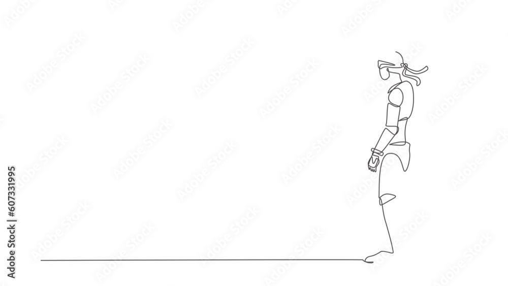 Poster animated self drawing of single continuous line draw robot blindfolded throwing dart. unclear target