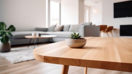 Empty wooden tabletop with blurred living room background Generative AI