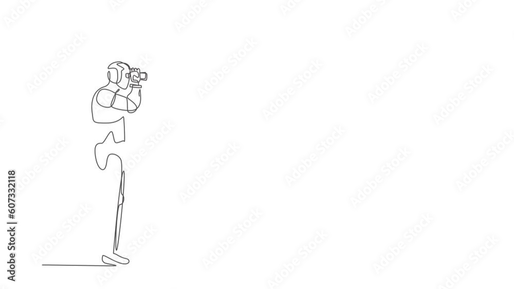 Poster self drawing animation of single line draw robot looking opportunities with binoculars in hand. futu