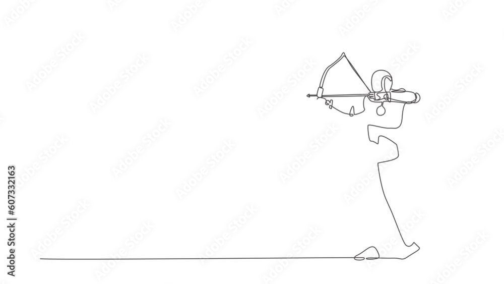 Poster animated self drawing of single continuous line draw robot trying to shoot target with blindfold. mo