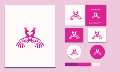 The minimalist logo concept of a swan in the shape of love, with various uniqueness for your business, such as sticker name cards and accompanied by a color palette