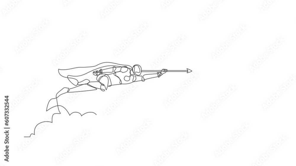 Poster animated self drawing of continuous one line draw robot superhero flying with arrow forward to goal 