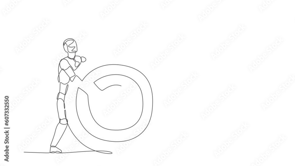 Poster self drawing animation of single line draw robot holding archer target pointing at bullseye. future 