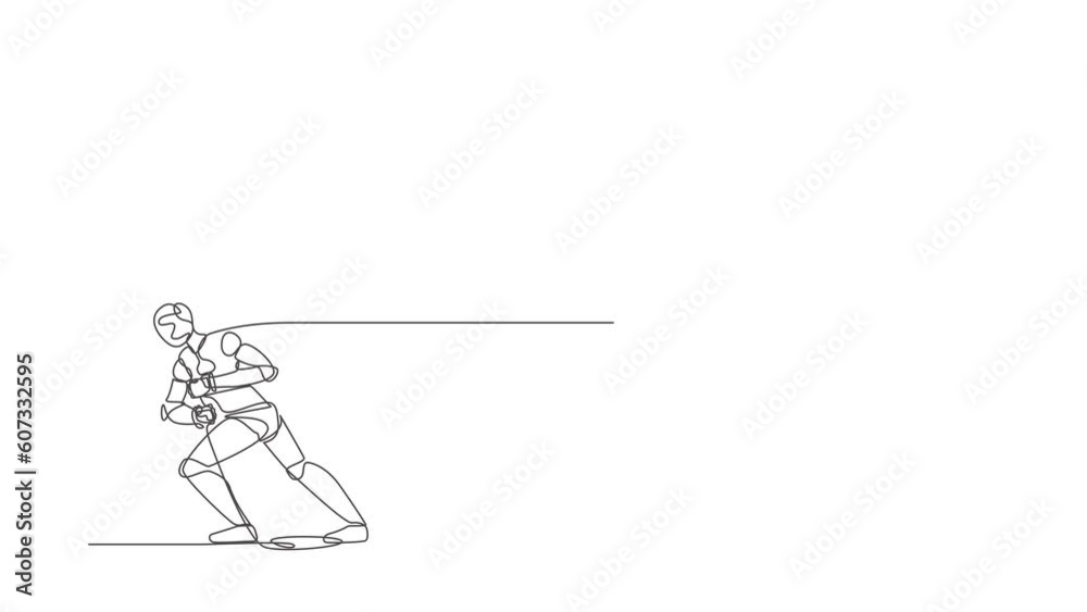 Poster animated self drawing of single continuous line draw robot standing and pulling big bag of money. mo