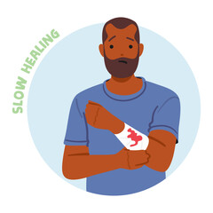 Male Character With Bleeding Arm. Concept Of Delayed Recovery From Diabetes, Prolonged Wound Healing