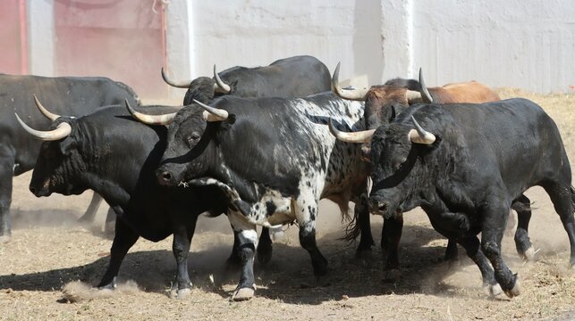 bull spanish with big horns in the corrals	