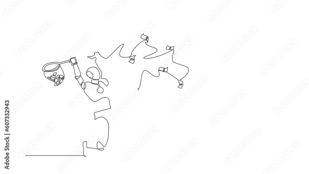 Poster animated self drawing of continuous line draw robot trying to catch flying money with butterfly net.
