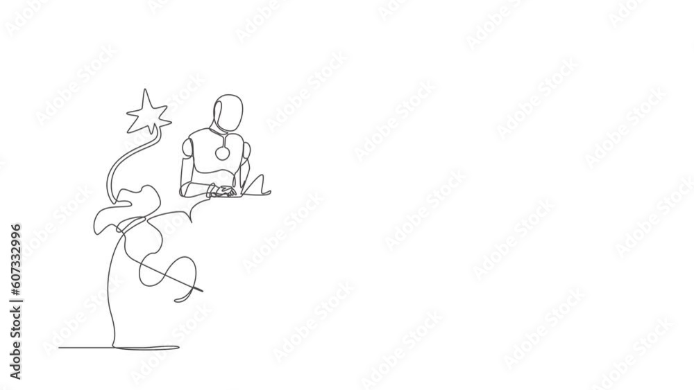 Poster self drawing animation of single line draw robot sitting on bomb with burning fuse and money bag. fu