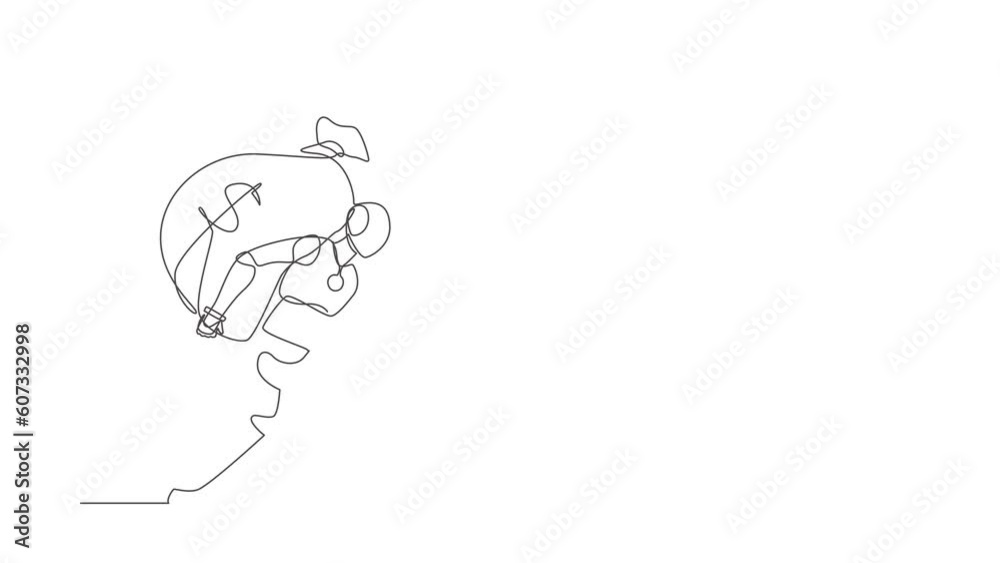 Poster animated self drawing of continuous one line draw robot carrying big and heavy money bag on his back
