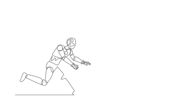 Animated self drawing of single continuous line draw robot chasing money bag dollar run away. Modern robotic artificial intelligence. Electronic technology industry. Full length one line animation