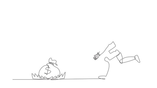 Animated self drawing of continuous line draw robot running to catch money bag in the steel bear trap. Humanoid robot cybernetic organism. Future robotic development. Full length single line animation
