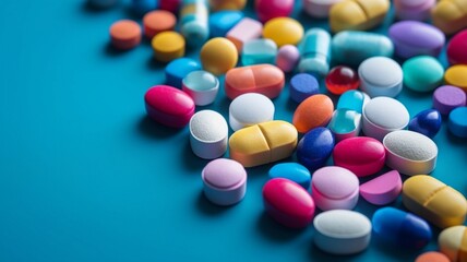 Obraz na płótnie Canvas Colorful drug pills on blue background pharmaceutical Generative AI