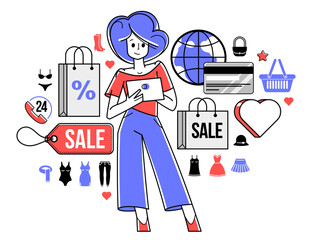 Online shopping and discount vector outline illustration, virtual store worker managing goods or customer have a big choice and enjoying cheap prices, adviser consultant.