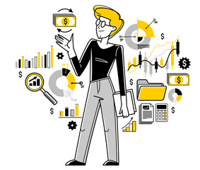 Financier working with charts and bars vector outline illustration, accountant working with financial data, analyst adviser working with investment.