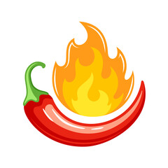 Red chili pepper with fire in cartoon style isolated on white background. Hot chili pepper cooking food. Vector illustration