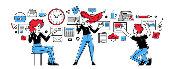 Team doing office work vector outline illustration, career in company for employees, teamwork business and paperwork, office workers.