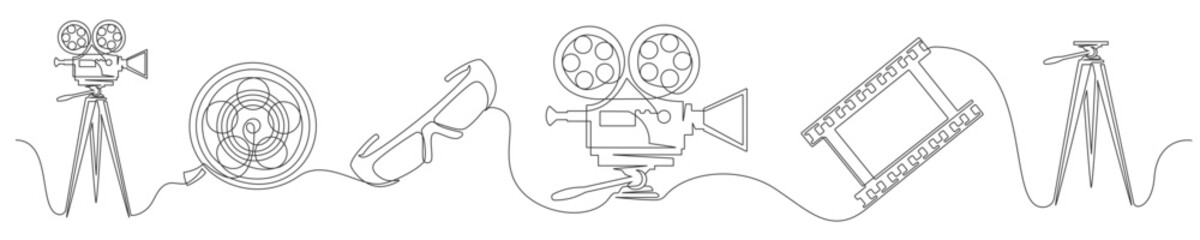 Set of continuous one line cinema elements. Vintage cinema elements isolated on a white background. Vector illustration