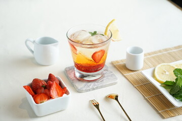 Strawberry Squash Drink, with ornamnet on white background