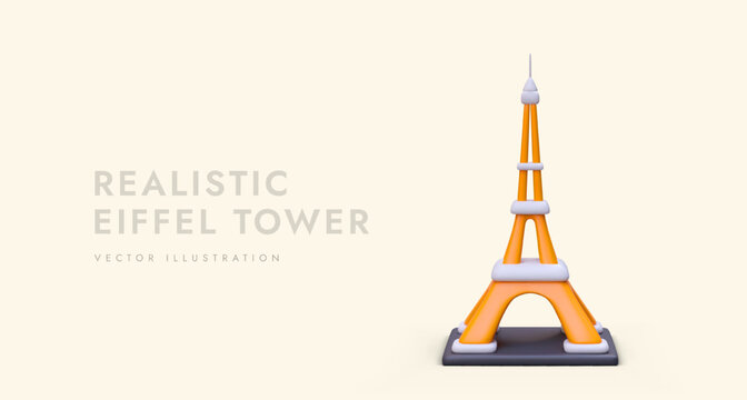 Cartoon 3d poster with realistic Eiffel Tower and place for text. Advertising poster for travel company. Discover France, Paris concept. Colorful vector illustration with warm background