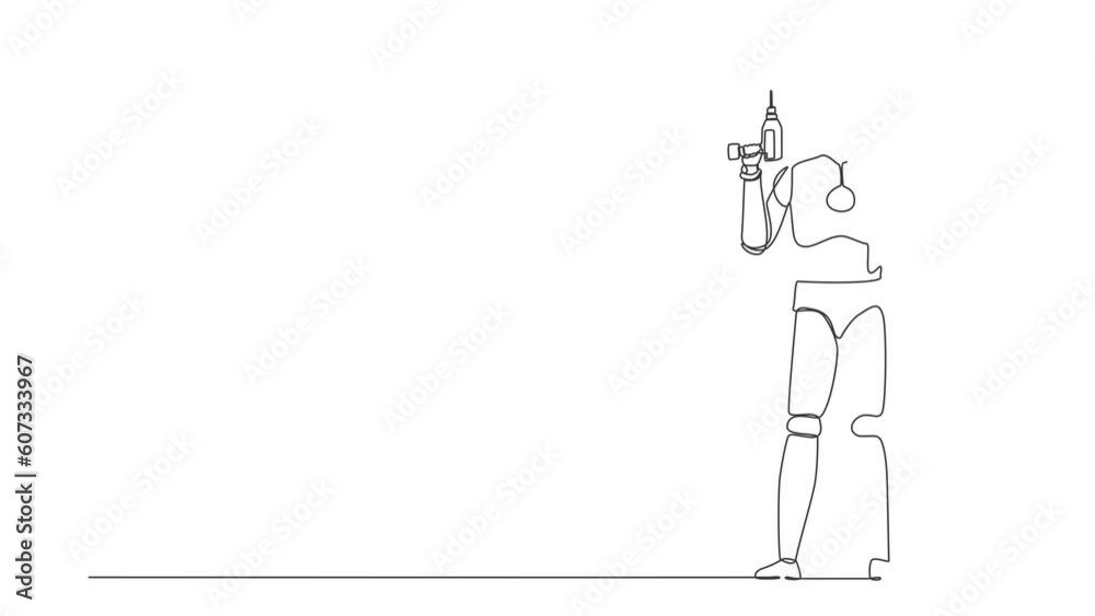 Poster animated self drawing of continuous line draw robot worker holding electric drill tool for repair. h