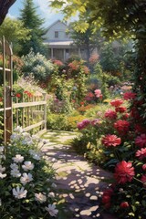 A garden path with flowers in the garden Generative Ai