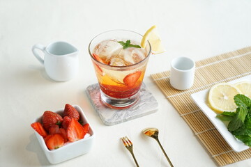 Strawberry Squash Drink, with ornamnet on white background