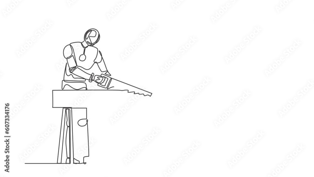 Poster self drawing animation of single line draw robot repairman, builder sawing boards. future technology