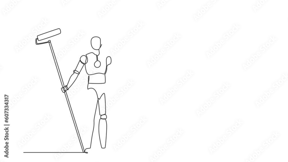 Poster animated self drawing of continuous line draw robot painter with bucket of paint and paint roller. h
