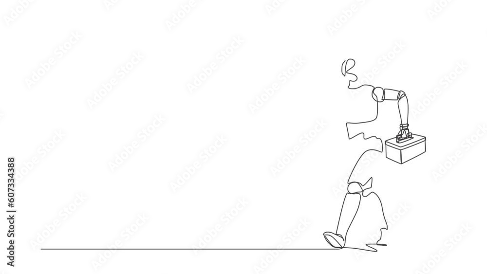 Poster animated self drawing of continuous line draw robot mechanic repairman worker with tool box is runni