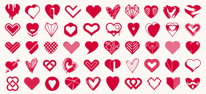 Collection of hearts vector logos or icons set, heart shapes of different styles and concepts symbols, love and care, health and cardiology, geometric and low poly.
