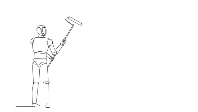 Animated self drawing of continuous one line draw robot painting wall with roller. Home repair, renovation. Humanoid robot cybernetic organism. Future robotic. Full length single line animation