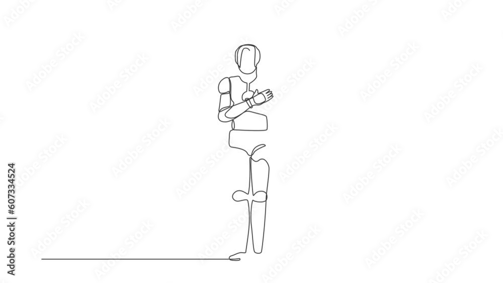 Poster Self drawing animation of single line draw robot keeping hands on chest. Smiling friendly robot expressing gratitude. Artificial intelligence machine learning. Continuous line. Full length animated