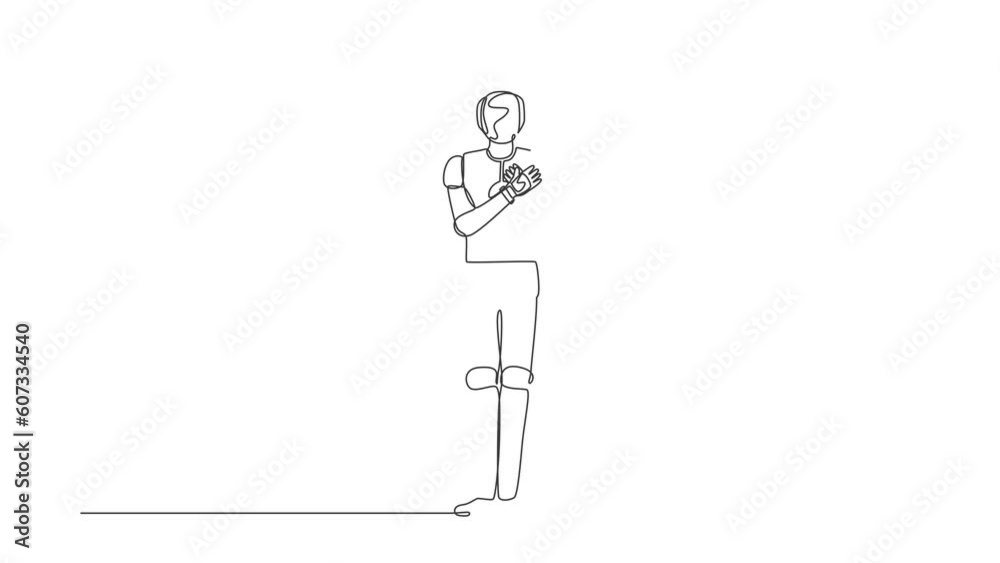 Poster animated self drawing of single continuous line draw robot keeping hands on chest. robot suffering f
