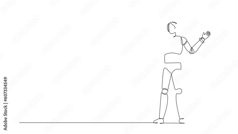 Poster animated self drawing of continuous line draw robot pointing away hands together showing or presenti