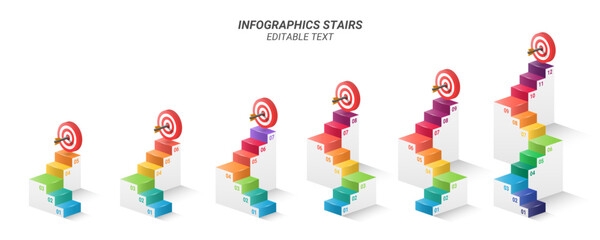 Multiple Infographic Staircase and Target Board from 5 up to 12 steps with Editable Numbers for Business Presentations, Goals, Reports, and Website Design.