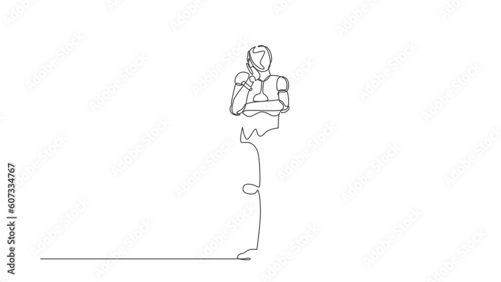 Poster animated self drawing of single continuous line draw robot bored or tired keeping hand on cheek. rob