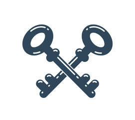 Two vintage keys crossed vector logo emblem or symbol isolated.