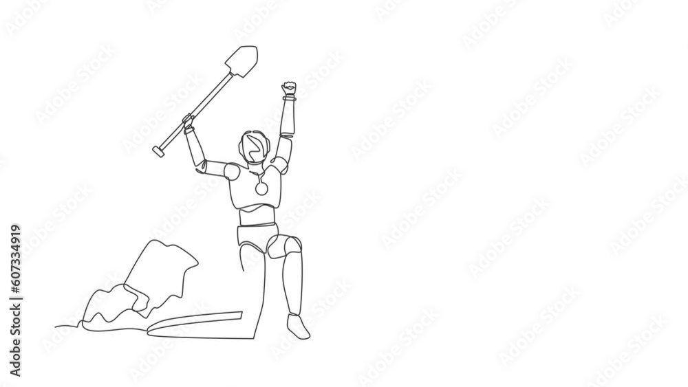 Poster animated self drawing of continuous line draw happy robot lifting shovel and finding chest treasure.
