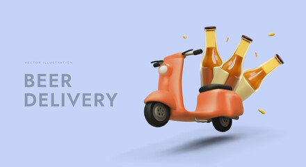Courier delivery of fresh beer. Orders express transportation. Motor scooter carries beer bottles. Template with realistic illustration. Vector banner on colored background